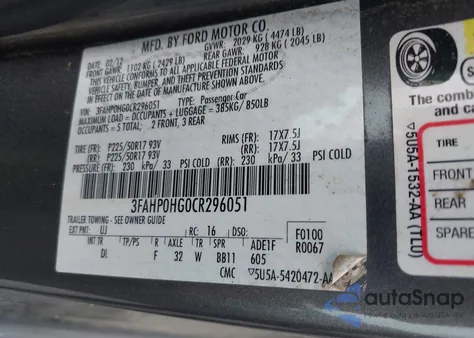 2012 Ford Fusion Se from USA, damaged, VIN 3FAHP0HG0CR296051